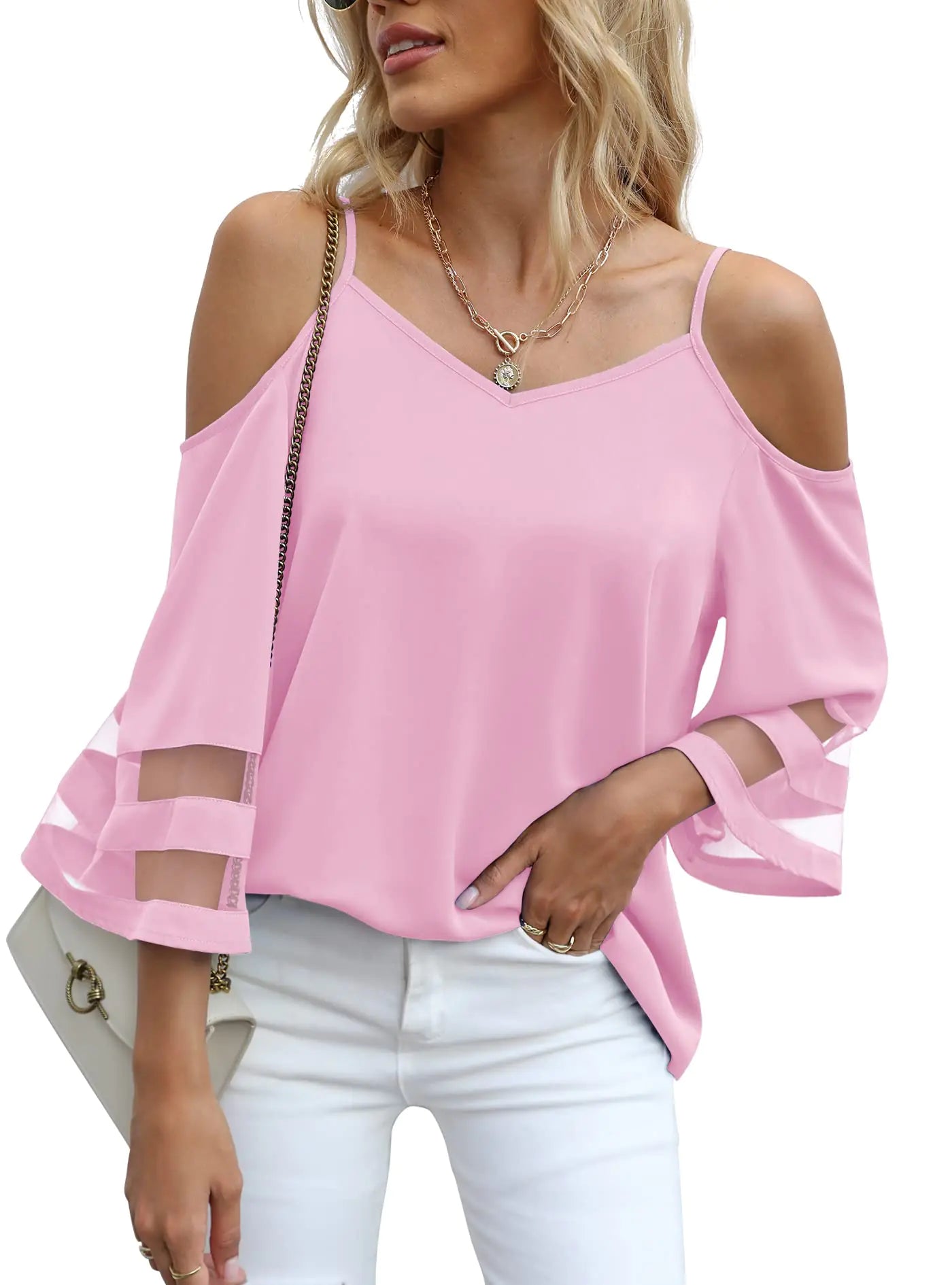 Jouica Cold Shoulder Tops for Women Womens Tops Dressy Casual Summer Tops for WomenLight PinkX-Large