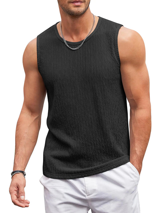 COOFANDY Men Knit Tank Tops Summer Fitted Tank Tops Black Sleeveless Breathable Soft Tee Shirts Loose Fit