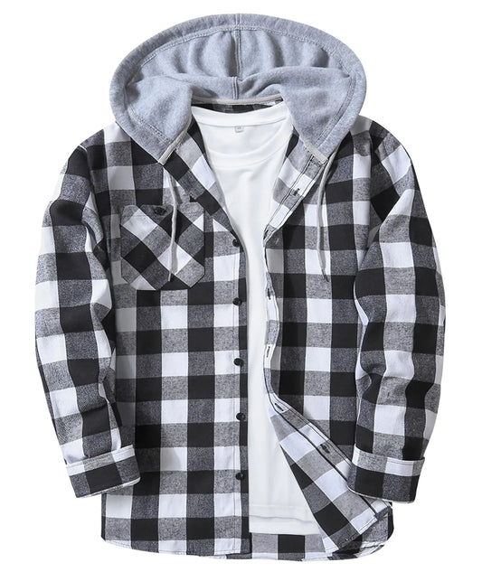 Flannel Shirt for Men Long Sleeve Plaid Hoodie Shirt Casual Button Down Shirt Hooded Fall Jacket with Pocket Black and White 2XL