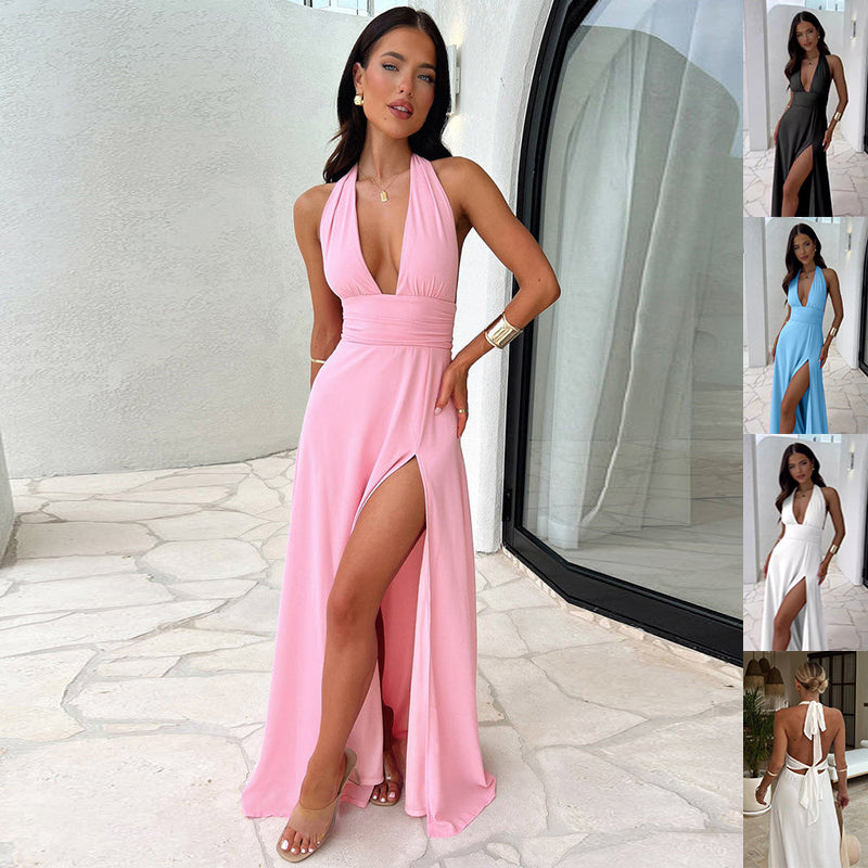 Sexy Halterneck V Neck Slit Dresses