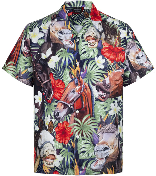 MIKENKO Funny Horse Hawaiian Shirt for Men Funny Button Down Shirt Men Summer Short Sleeve Button Up Shirts for Men Women