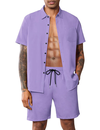 LecGee Men Classic 2 Piece Outfits Casual Short Sleeve Shirts Summer Shorts Button Down Set Rave Clothes(PurpleXL)