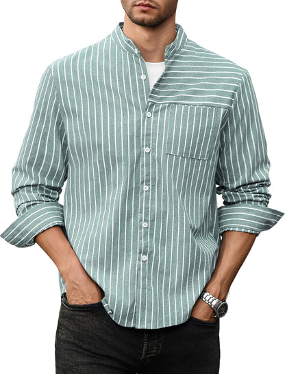 ZAFUL Big and Tall Button Down Shirts for Men Cotton Linen Striped Business Work Regular Fit All-Day Shirt Green XXL