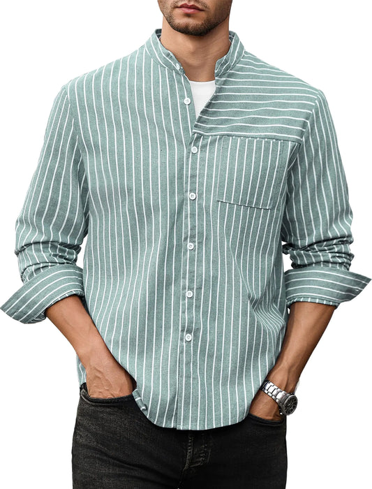 ZAFUL Big and Tall Button Down Shirts for Men Cotton Linen Striped Business Work Regular Fit All-Day Shirt Green XXL