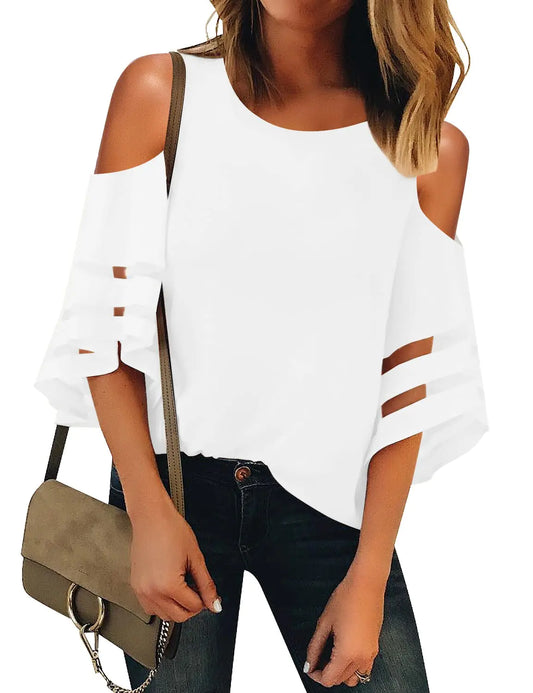 LookbookStore Cute Tops for Women Beige Cold Shoulder Tops for Women 2024 Summer Going Out Tops Dressy Casual 3/4 Sleeve Tops Cold Shoulder Tops and Blouse Sexy Casual Size XL Size 16 18