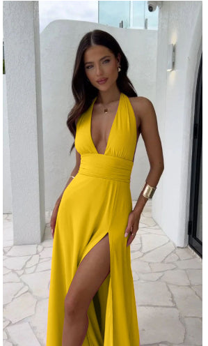 Sexy Halterneck V Neck Slit Dresses
