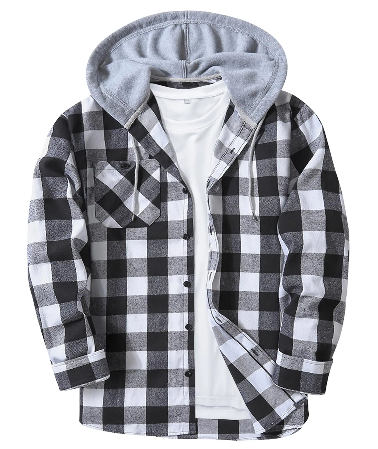 Flannel Shirt for Men Long Sleeve Plaid Hoodie Shirt Casual Button Down Shirt Hooded Fall Jacket with Pocket Black and White 2XL