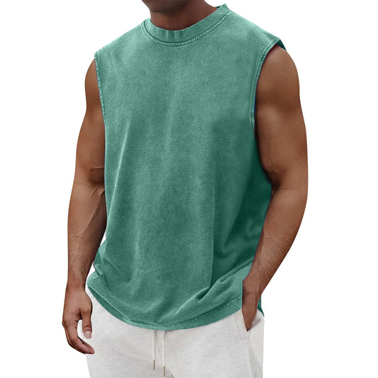 Cotton Tank Tops for Men Washed Solid Color Round Neck Workout Tops Sleeveless Active Athletic Gym Shirt Polo Shirt for Men T Shirts Mens Golf Shirts Hawaiian Shirt(TurquoiseX-Large)