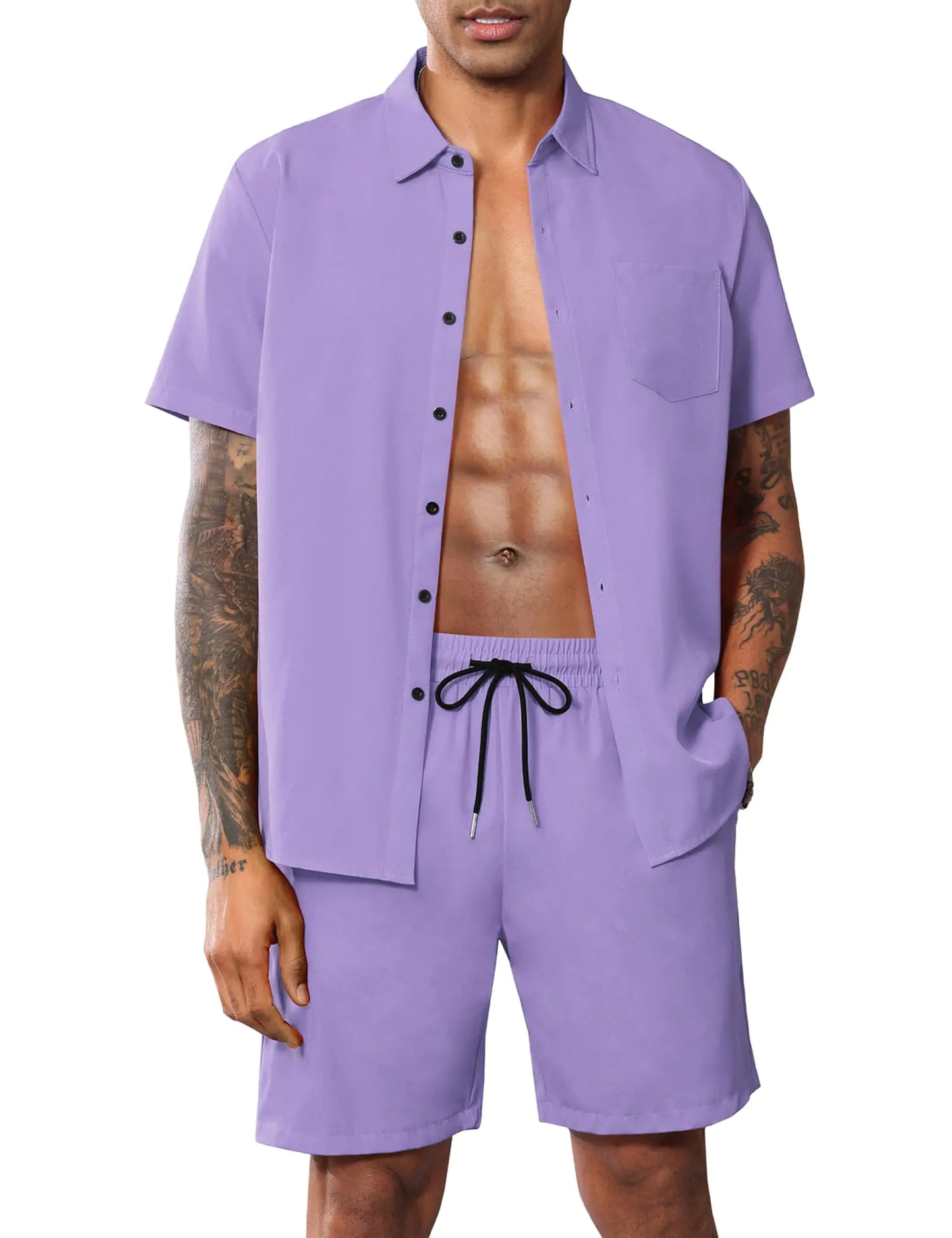 LecGee Men Classic 2 Piece Outfits Casual Short Sleeve Shirts Summer Shorts Button Down Set Rave Clothes(PurpleXL)